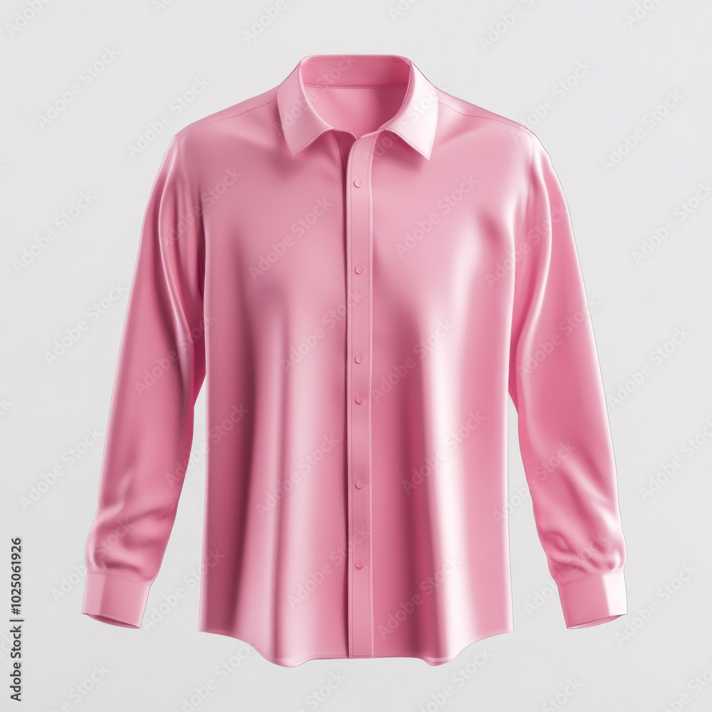 Pink long-sleeved collared shirt hanging on a clothing rack with other colorful shirts in a boutique. Pink long-sleeved collared shirt hanging on a clothing rack with other colorful shirts in a boutique.