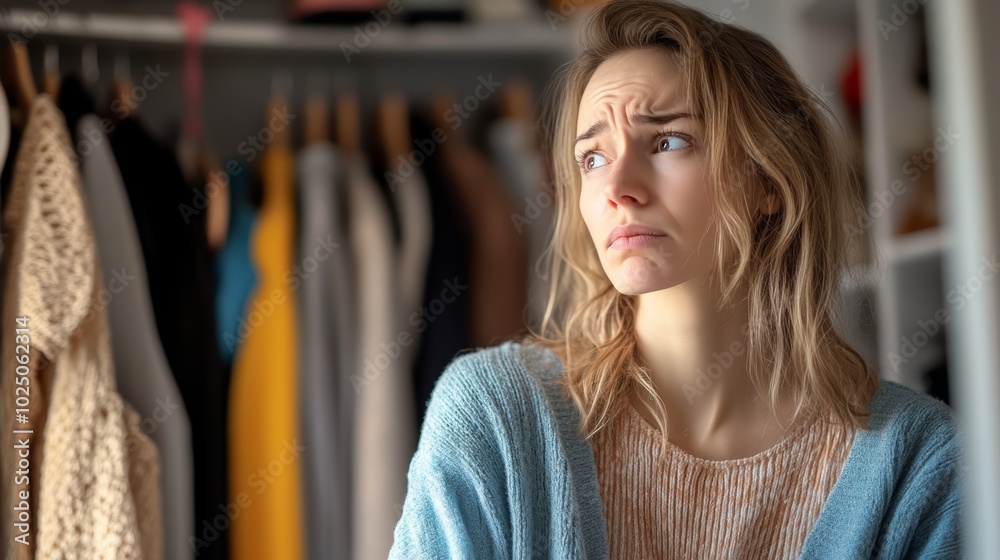 Pensive young woman with wavy hair looks troubled in a softly lit closet setting. Pensive young woman with wavy hair looks troubled in a softly lit closet setting.