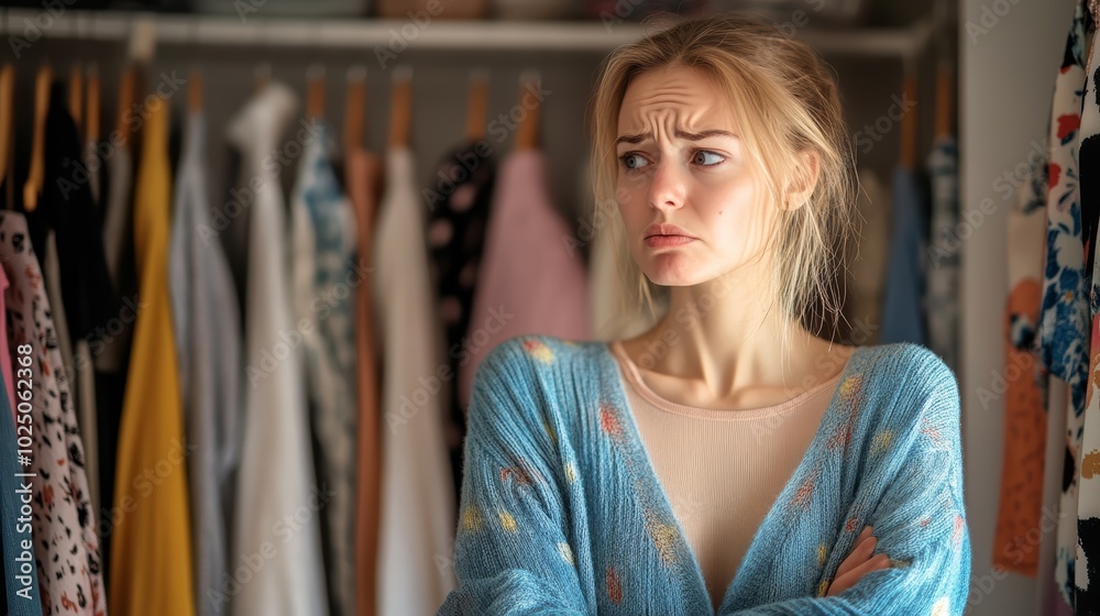 Pensive young Caucasian woman standing in front of a messy closet, contemplating outfit choices. Pensive young Caucasian woman standing in front of a messy closet, contemplating outfit choices.