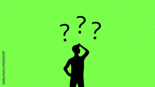 silhouette of a confused person, wondering, looking for answers. With question mark, animation on green screen. 4k