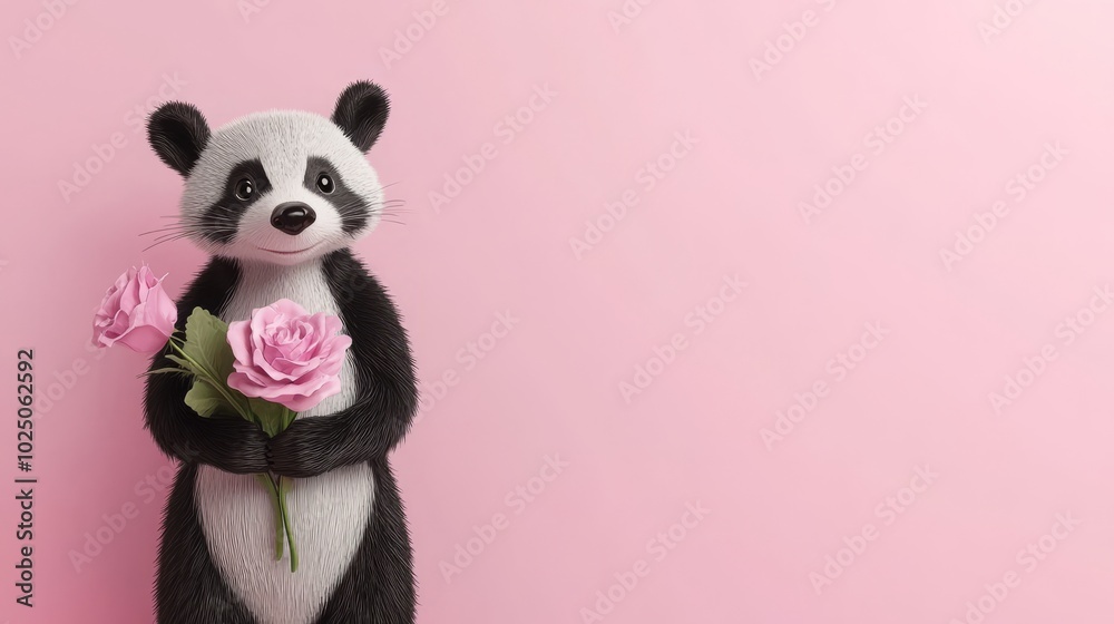 Cute panda holding pink roses on a pink background. Cute panda holding pink roses on a pink background.
