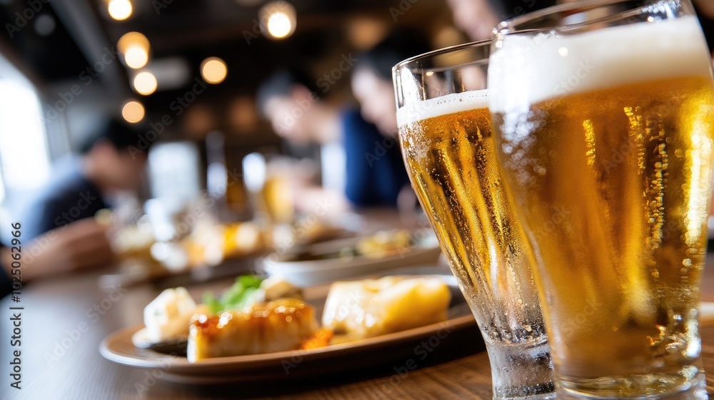 Refreshing Beers with Delicious Dishes on a Table Refreshing Beers with Delicious Dishes on a Table