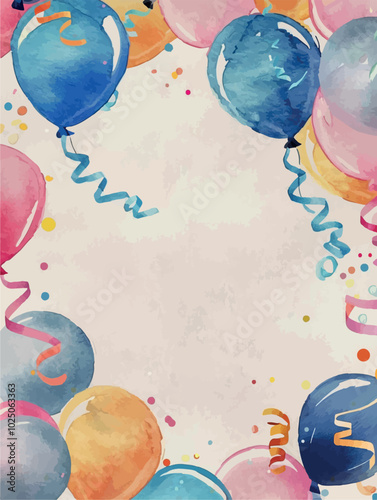 Festive watercolor balloon border with colorful confetti and streamers. Perfect for party invitations, birthday cards, or celebration designs with a playful and vibrant touch.

