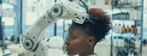a black woman getting haircut done by robot hairdresser in a beauty salon