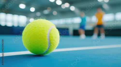 Vibrant Tennis Ball on Indoor Court Surface