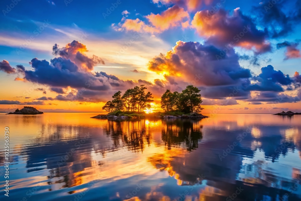 Breathtaking Small Islands Landscape at Sunset with Vibrant Colors Over Serene Sea and Sky Reflection in Tranquil