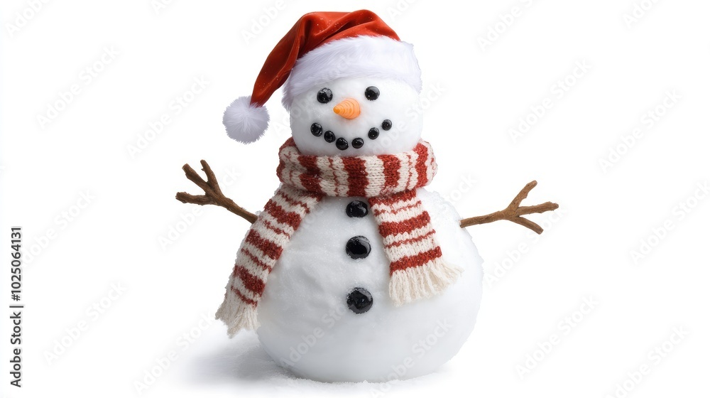 A playful snowman in a Santa hat and a striped scarf, isolated on a white background for winter and Christmas fun. A playful snowman in a Santa hat and a striped scarf, isolated on a white background for winter and Christmas fun.
