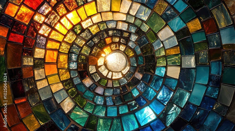 Fototapeta premium A colorful glass mosaic pattern arranged in concentric circles, with each ring made of differently colored glass pieces reflecting light at various angles