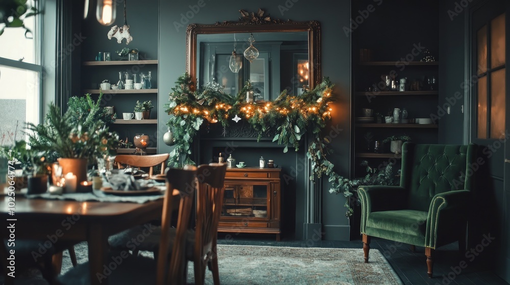 A cozy dining room with a fireplace decorated with greenery and lights, a large antique mirror, a wooden table set for dinner, and a green velvet armchair. A cozy dining room with a fireplace decorated with greenery and lights, a large antique mirror, a wooden table set for dinner, and a green velvet armchair.