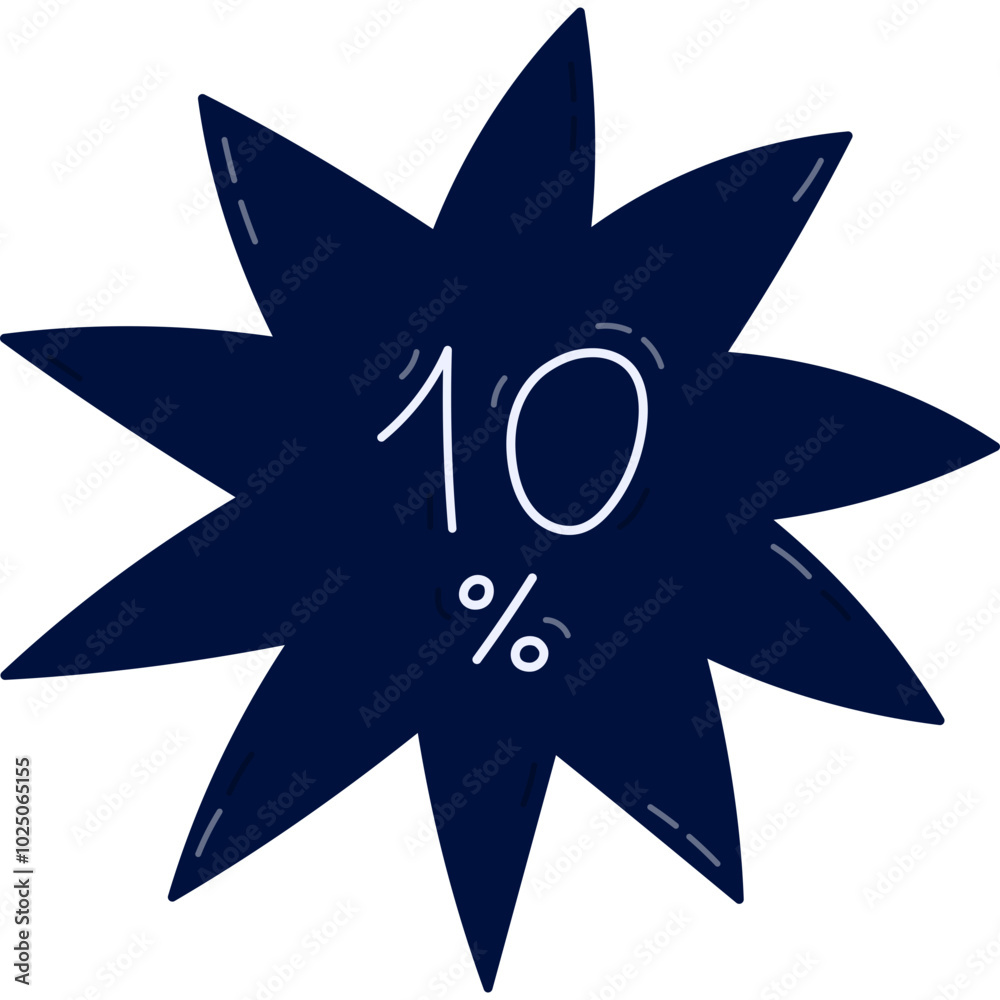 Obraz premium Cute cartoon star sticker with line lettering for 10 percent discounts for Black Friday Sale. Hand drawn banner with promotion of big price off at markets. Simple trendy isolated bubble.