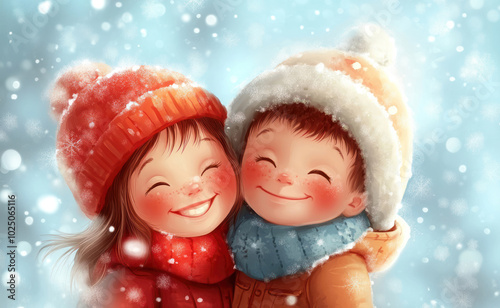 Little girl and boy with winter hat is happy about the first snow