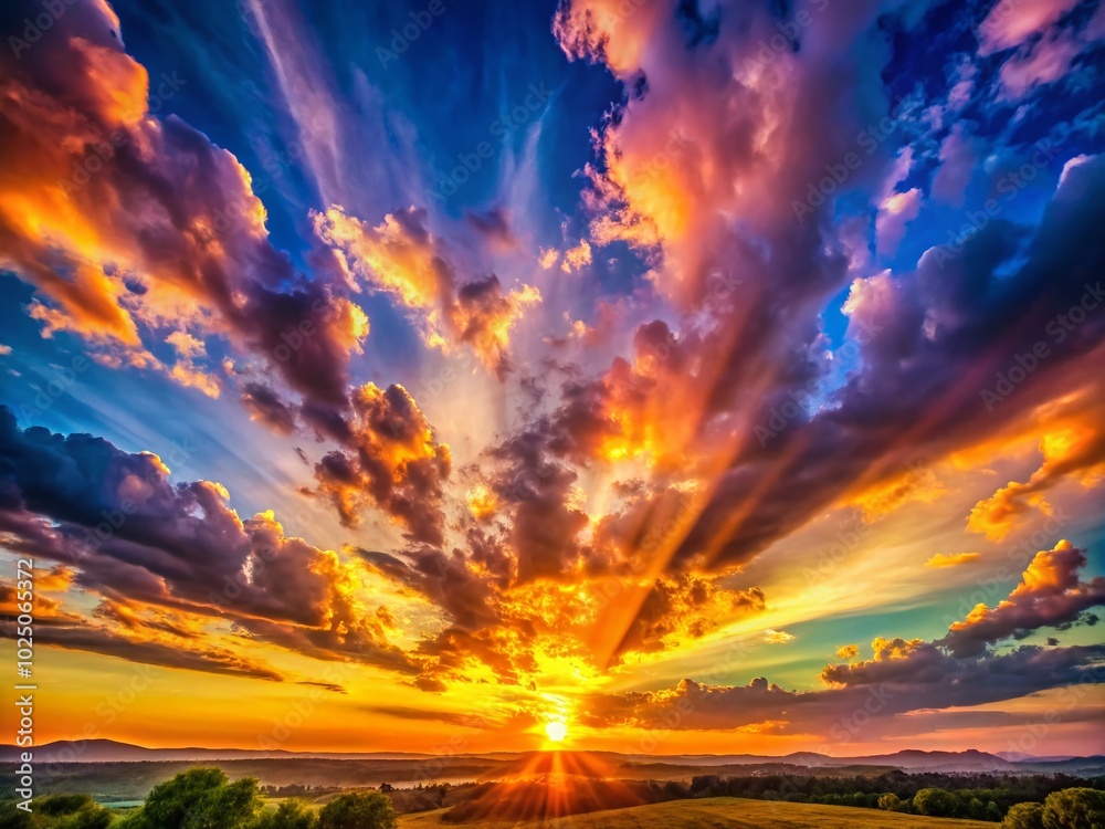 Breathtaking Sunset Sky with Dramatic Clouds and Sun Rays Illuminating the Horizon in a Colorful Display of Nature's Breathtaking Sunset Sky with Dramatic Clouds and Sun Rays Illuminating the Horizon in a Colorful Display of Nature's