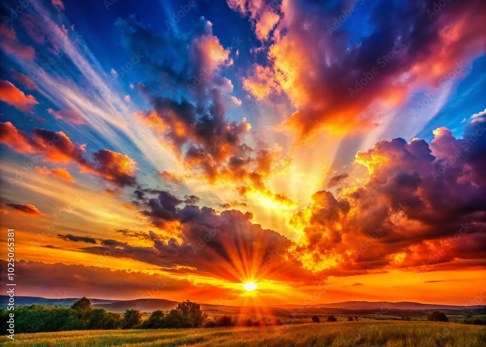 Fototapeta premium Breathtaking Sunset Sky Panorama with Dramatic Clouds, Sun Rays, and Vibrant Colors Over Scenic Horizon at Dusk