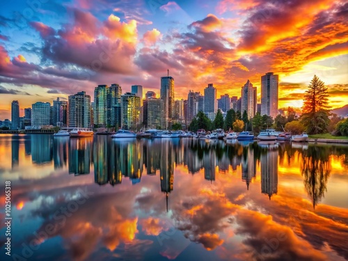 Breathtaking Sunset Skyline View of Vancouver Downtown from Stanley Park with Colorful Skies and Reflections in Water