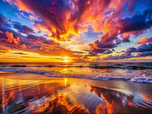 Breathtaking Sunsets on the Beach with Vibrant Colors Reflecting on Calm Waves - Perfect for Nature Lovers and