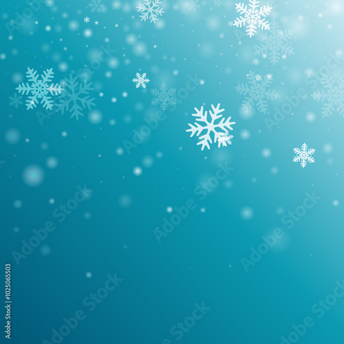 Subtle falling snowflakes composition. Winter fleck crystallic particles. Snowfall sky white teal blue wallpaper. Soft snowflakes christmas vector. Snow nature scenery.
