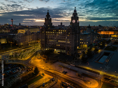 Liverpool Liverpool skyline showing the royal liver building at dusk photo