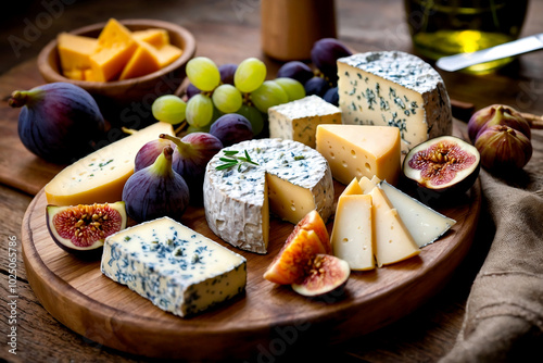 cheese platter with various types of cheese, fruit and nuts