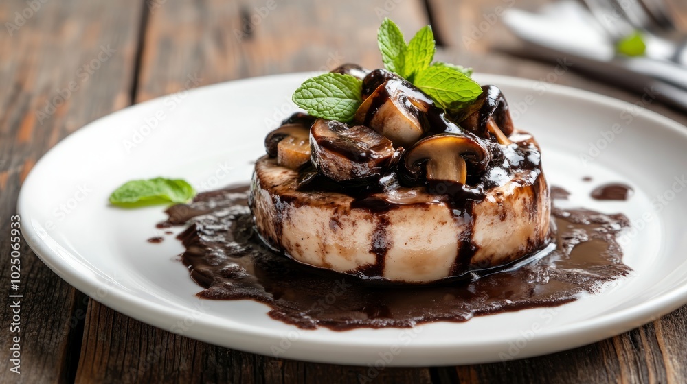 A creamy white dessert topped with sauteed mushrooms and a rich chocolate sauce.