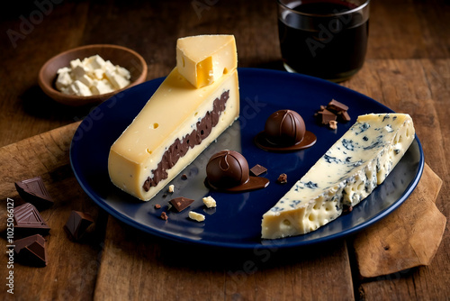 Cheese and chocolate combined on a blue plate