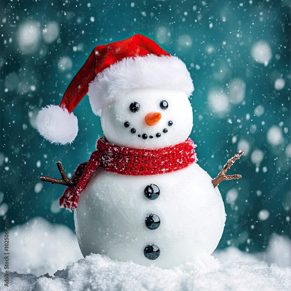 Cold and Fun Atmosphere, Snowman in Santa Hat Prompts Cold and Fun Atmosphere, Snowman in Santa Hat Prompts