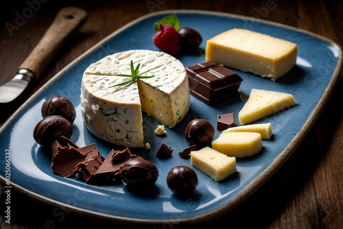 Cheese and chocolate combined on a blue plate