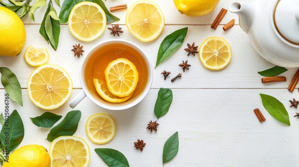 A cup of lemon tea with lemon slices, star anise, cloves and cinnamon sticks on a white wooden background.