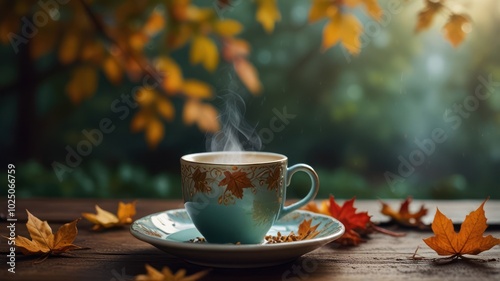 A steaming cup of coffee sits on a wooden table surrounded by colorful autumn leaves.