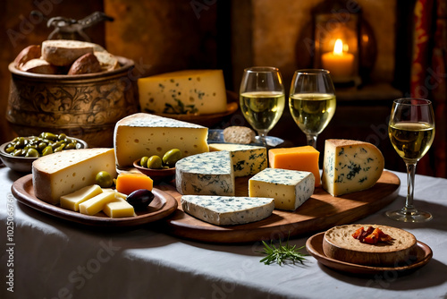 Cheese from all over the world with white wine in glasses on a table