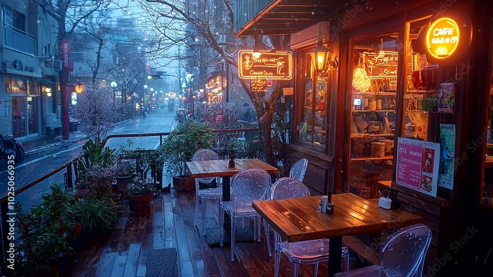Snow-covered outdoor café terrace with warm lanterns and tables during a winter evening snowfall. Seamless looping 4K video background