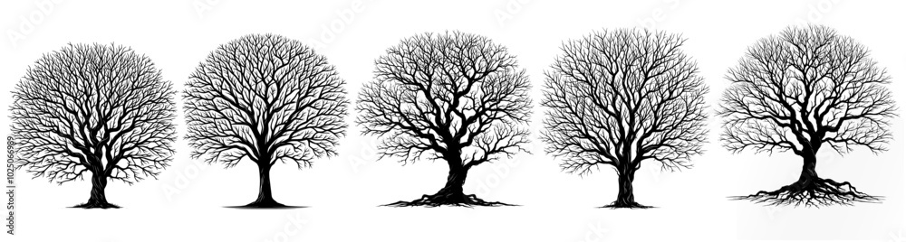 Fototapeta premium silhouette trees set on white background. realistic detailed trees set reflecting horror, spooky, death, pollution, winter, desert etc. design element for web, app, ui etc. 