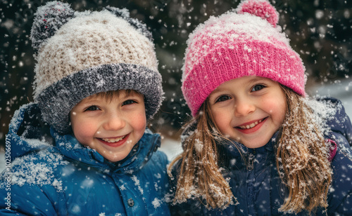 Little girl and boy with winter hat are happy about the first snow