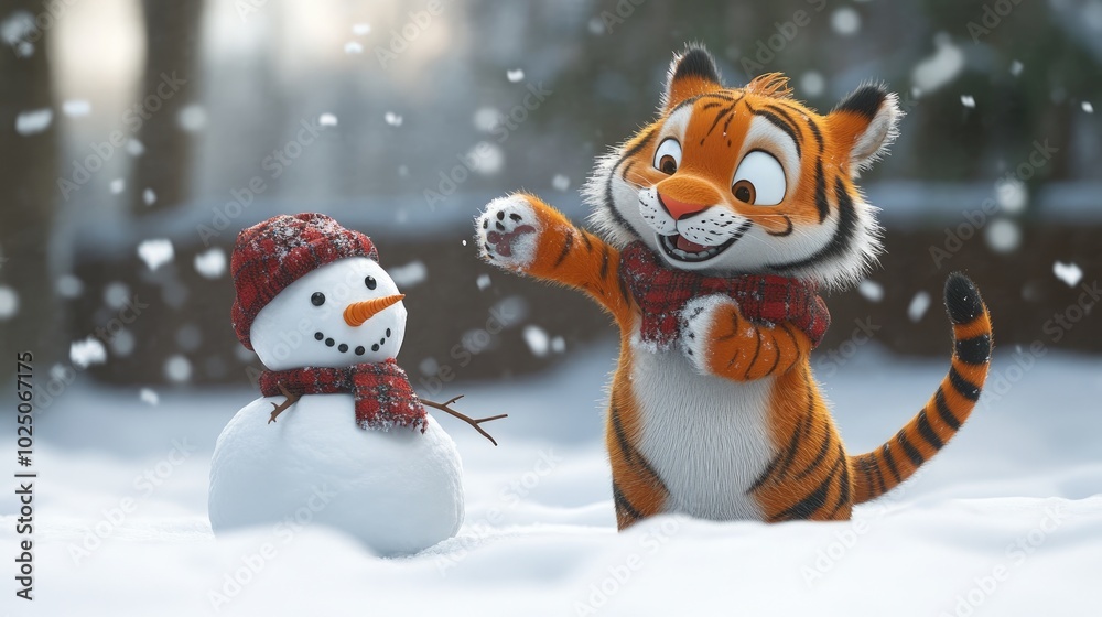 A friendly cartoon tiger playing in the snow, building a snowman with a scarf and hat, while snowflakes fall. A friendly cartoon tiger playing in the snow, building a snowman with a scarf and hat, while snowflakes fall.