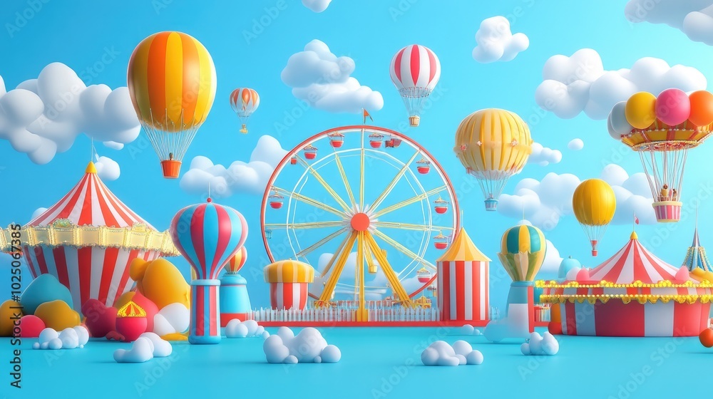 A vibrant 3D cartoon carnival scene with colorful rides, ferris wheels, and balloons floating in the air, set against a bright blue sky. A vibrant 3D cartoon carnival scene with colorful rides, ferris wheels, and balloons floating in the air, set against a bright blue sky.