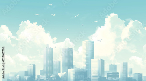 A basic vector illustration of a modern city skyline with tall skyscrapers, a few clouds, and birds flying in the sky.