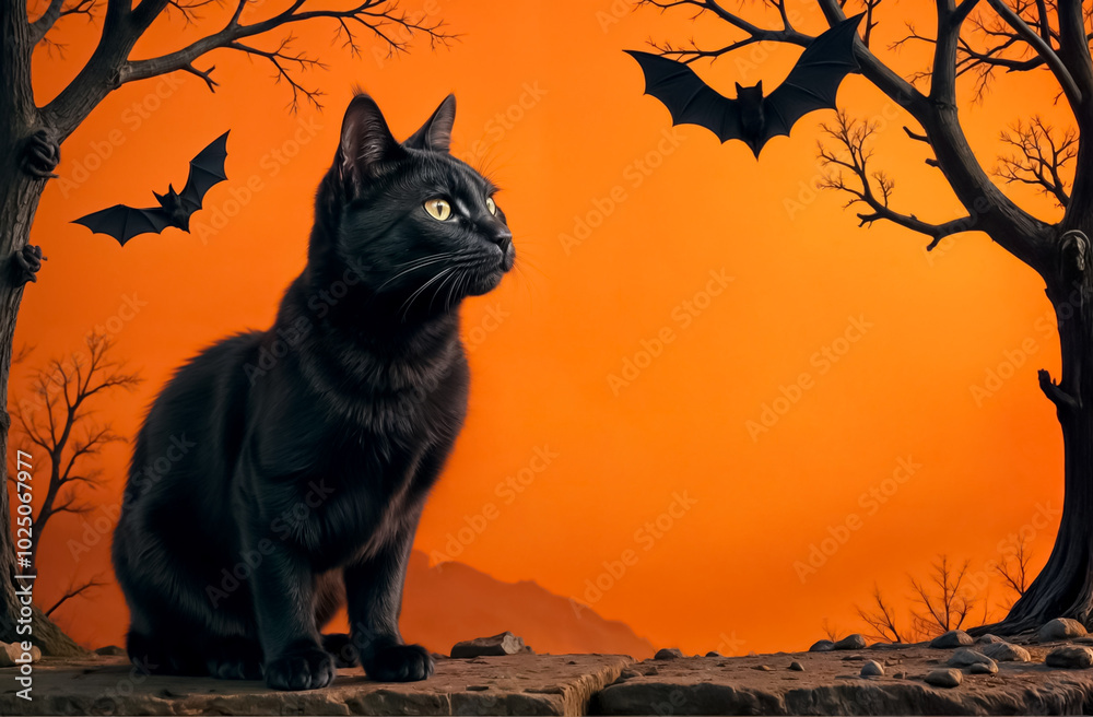 black cat and bats on orange background illustrated greeting card for happy halloween black cat and bats on orange background illustrated greeting card for happy halloween