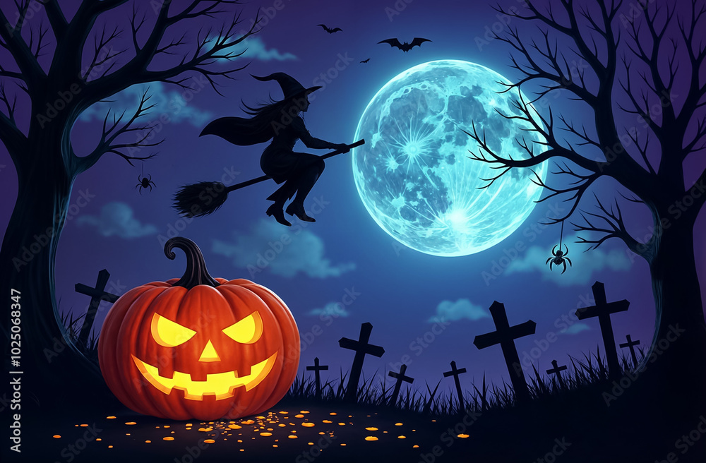 Halloween greeting card with jack o lantern and witch on broom Halloween greeting card with jack o lantern and witch on broom