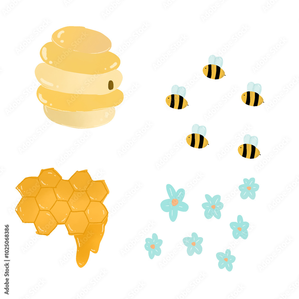 bee and flowers collection with honey comb