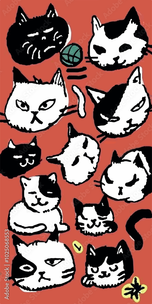 Fototapeta premium Seamless pattern featuring playful, hand-drawn cartoon cats on a red background. The minimalistic black and white cat illustrations create a fun, whimsical texture suitable for prints and fabrics.