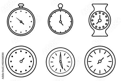 Set of clock or timepiece line art,hand drawn flower vector illustration on white background.