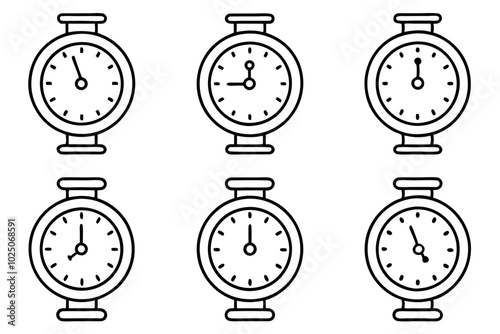 Set of clock or timepiece line art,hand drawn flower vector illustration on white background.