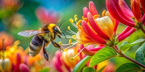 Bumblebee Collecting Nectar from Sweetberry Honeysuckle Flowers in Spring for Pollination and Nature's Beauty photo