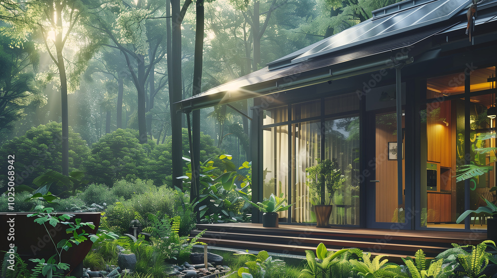A modern technology house with big windows and a veranda nestled in the woods among trees. A getaway from the city.