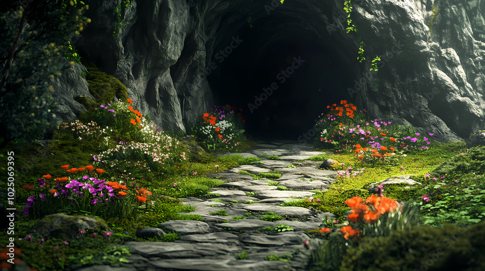 A stone path leading to a cave entrance adorned with flowers. Mossy Cave. Illustration A stone path leading to a cave entrance adorned with flowers. Mossy Cave. Illustration
