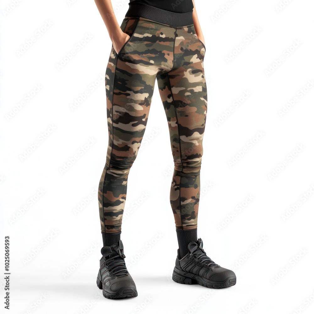 High-waisted camo leggings in a forest setting. High-waisted camo leggings in a forest setting.