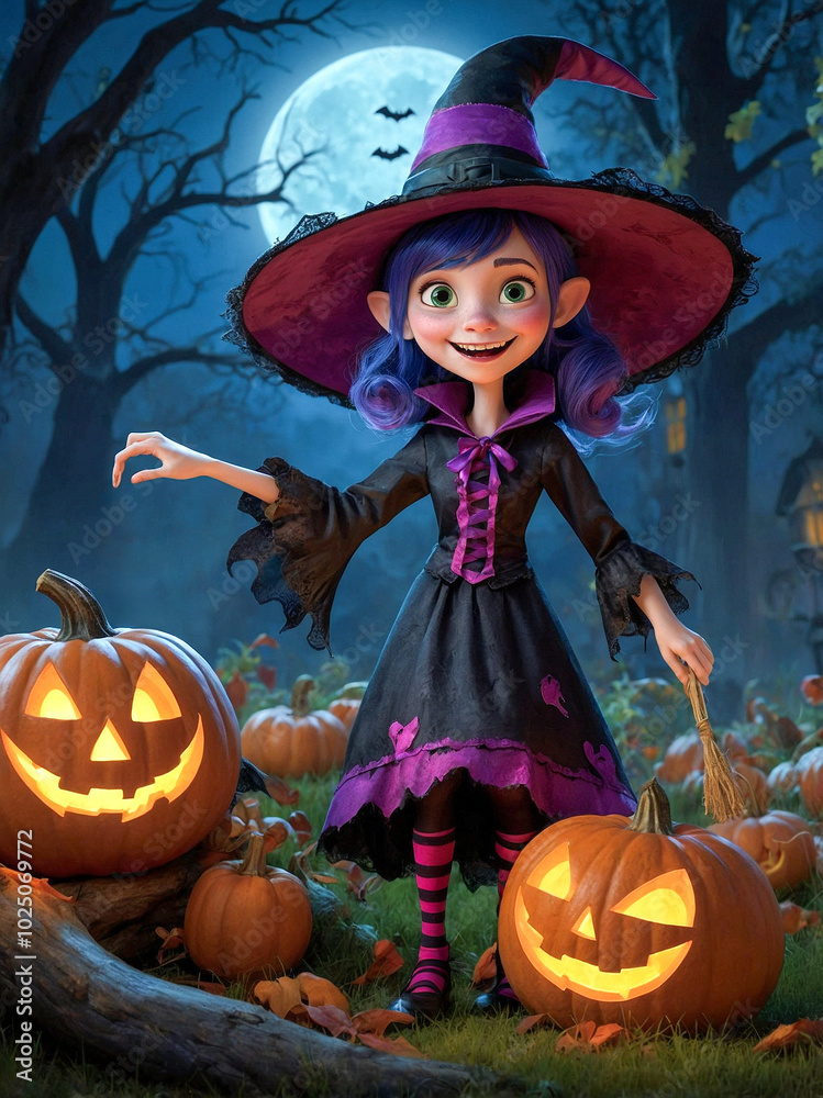 Spooky Halloween Night: Cartoon Witch with Pumpkins Spooky Halloween Night: Cartoon Witch with Pumpkins
