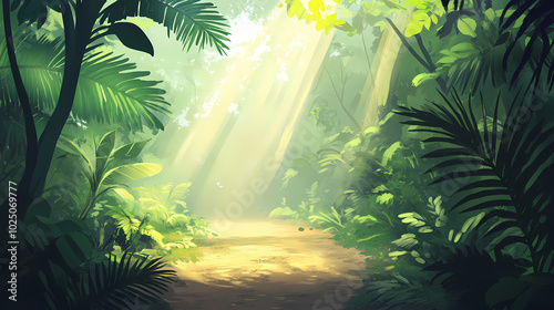 Wallpaper Mural A sunlit path through a dense jungle with lush green foliage and a soft, misty atmosphere. Misty Jungle. Illustration Torontodigital.ca