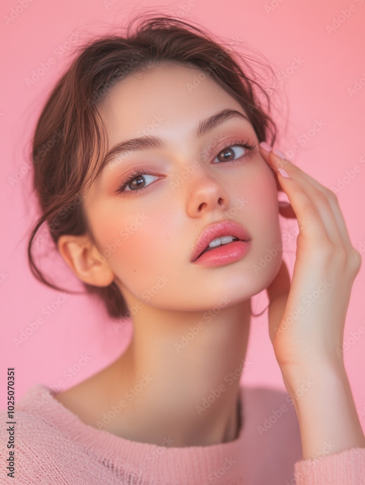 Young Woman with Neutral Expression on Pastel Pink Background Young Woman with Neutral Expression on Pastel Pink Background