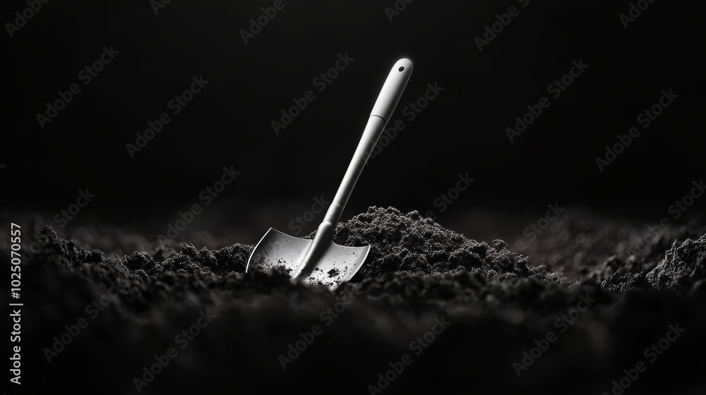 Freshly dug grave in a graveyard a single shovel resting against a nearby headstone the surrounding earth disturbed and uneven creating a sense of unease and dread.