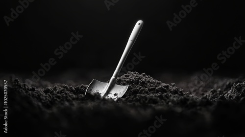 Freshly dug grave in a graveyard a single shovel resting against a nearby headstone the surrounding earth disturbed and uneven creating a sense of unease and dread.